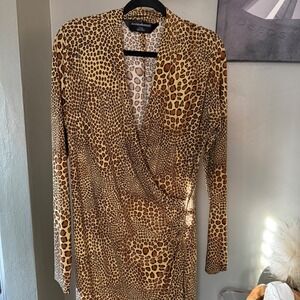 Norma Kamali Cocoa Animal Leopard Print Long Sleeve Ruched Midi Dress Sz XL